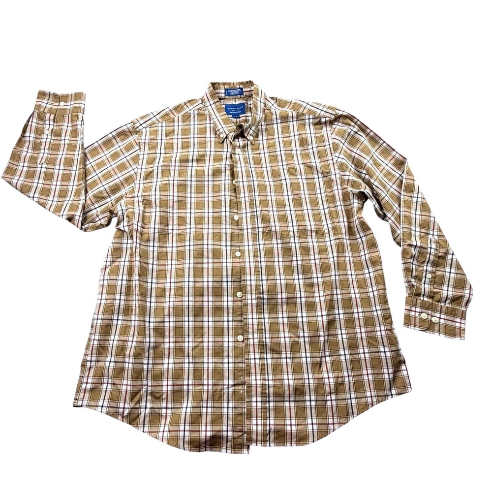 Towncraft Wrinkle-Free Plaid Button Down Shirt Mens Large‎ L Brown Tan